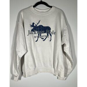 Vintage Y2K 90s Anvil white Jackson Hole Wyoming moose sweatshirt L preppy